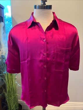 LOFT Fuchsia Satin Button-Up Blouse NWT Large